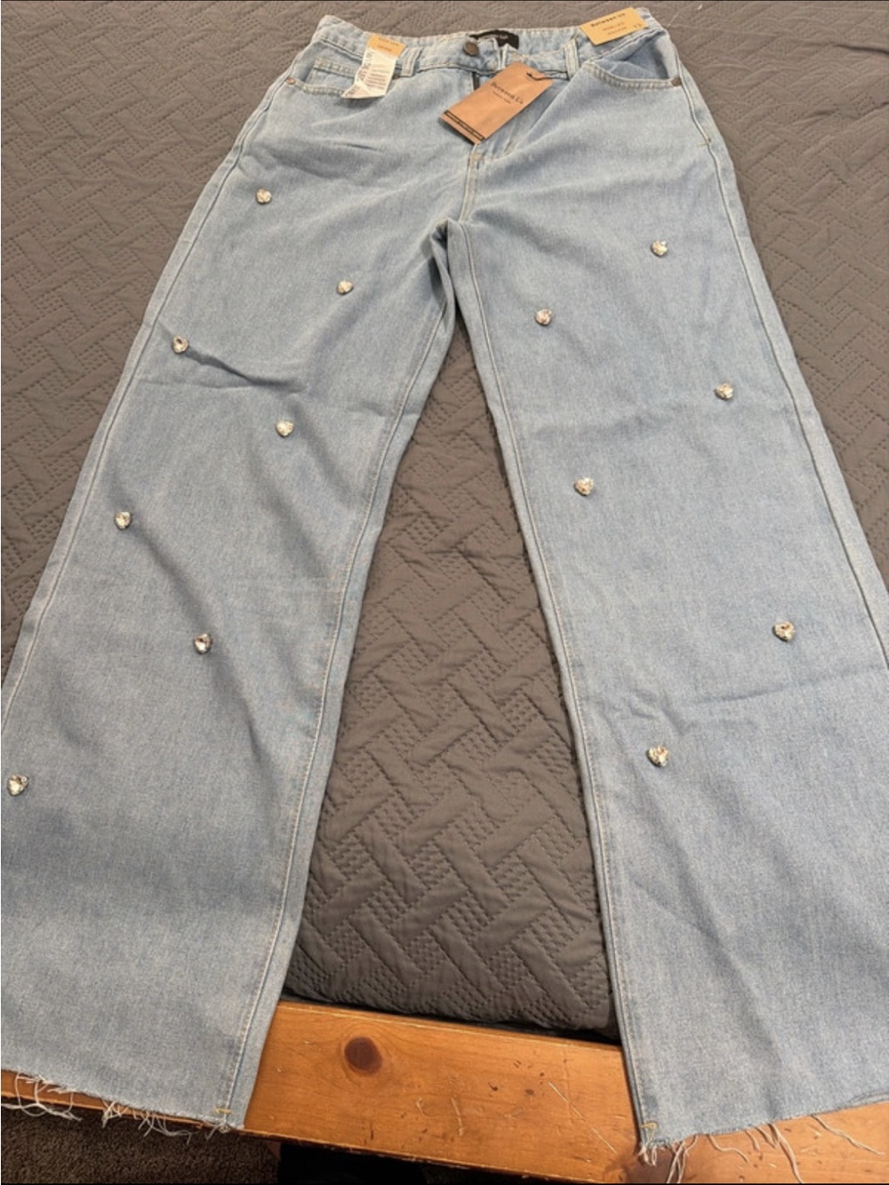 Women's Light Blue Wide Leg Jeans with Rhinestone Accents- size 13 - 29 inch